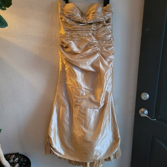 Lenovia Dresses & Skirts - Lenovia Strapless Gold Ruched Gown With Bead Accents & Corset Back Formal Dress